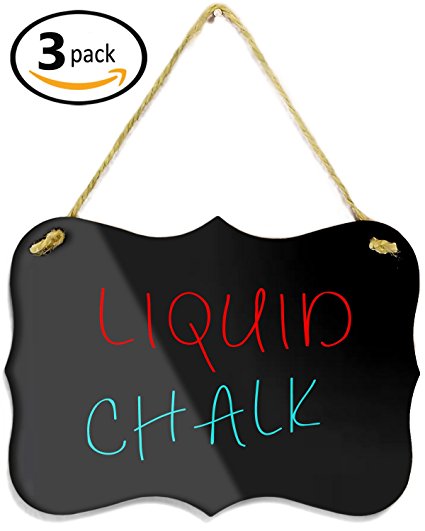 3 - Hanging Acrylic Chalkboard Signs 4x6" - Double Sided for Standard Chalk & other side for Liquid Chalk Marker- Memo Message Sign - Mini Blackboard - For Crafts - Menus - Florists - Events