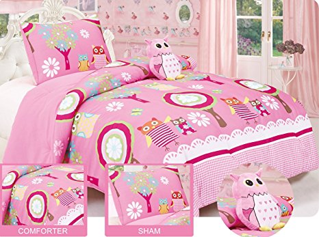 Twin Owl Friends Comforter set with matching Sham and Toy Pillow Hot Pink, White, Green, Yellow, Blue.