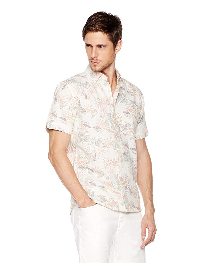 Isle Bay Linens Men's Slim Fit Short Sleeve Toile Vintage Printed Linen Cotton Button-Down Hawaiian Shirt