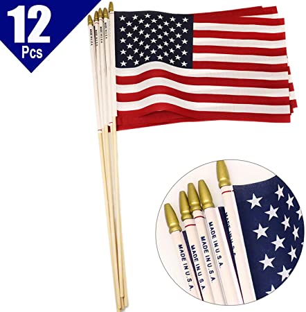 GiftExpress 12-Pack 12x18 Inch American Flag Proudly Made in U.S.A. Handheld US Stick Flags with Spear Gold Tip, Pole Hem Stitched Made in U.S.A American Stick Flags