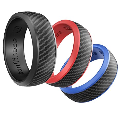 Silicone Wedding Ring for Men - 3 Pack Comfortable Fit, Skin Safe, Non-toxic, Antibacterial Rubber Wedding Ring by Ikonfittness - Black, Blue, Red - Come with a Gift Box