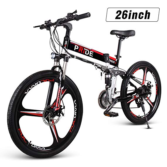 Pride Folding Electric Mountain Bike with 26" Super Lightweight Magnesium Alloy 3 Spokes Integrated Wheel, Lithium-Ion Battery (48V 250W), and 21 Speeds Shimano Gear