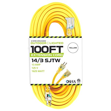 100 Foot Lighted Outdoor Extension Cord - 14/3 SJTW Heavy Duty Yellow Extension Cable with 3 Prong Grounded Plug for Safety - Great for Garden and Major Appliances