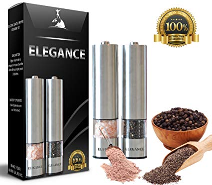 Electric Salt and Pepper Grinder Set | Battery Operated Stainless Steel Mill with Light (Pack of 2 Mills) | Automatic One Handed Operation | Salt And Pepper Grinder | Ceramic Grinders
