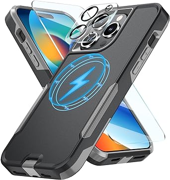 SunRemex Magnetic for iPhone 15 Pro Max Case with Camera Lens Protector & Tempered Glass Screen Protector, Magsafe Heavy-Duty iPhone 15 Pro Max Phone Case 6.7" (BlackGrey)