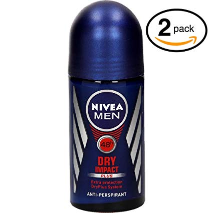 (Pack of 2 Bottles) Nivea DRY IMPACT Men's Roll-On Antiperspirant & Deodorant. 48-Hour Protection Against Underarm Wetness. (Pack of 2 Bottles, 1.7oz / 50ml Each Bottle)