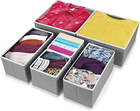 Whitmor Drawer Organizer Set - Foldable Fabric Cube Storage Boxes for Clothes, Socks, Underwear and Bras, Organizes Bedroom, Closet and Dresser Drawers with Divider Bins, Gray Set of 6