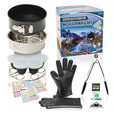 Instant Pot Accessories Set – Accessory Fits 5,6,8qt 5/6Litre Pressure Cooker - Steamer Basket - Cake Pan - Silicone Gloves - Egg Bites Mold – Tong –– Cook Times Magnetic Cheat Sheet