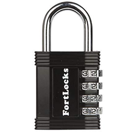 FortLocks Combination Lock - 4 Digit Padlock for School & Gym Locker, Outdoor, Fence, Hasp, Storage, Case, Toolbox & Shed – Resettable All Weather Anti Rust Metal & Steel – 1 Pack Black