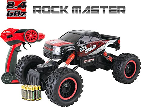 Large Rock Crawler RC Car (12 Inches Long) – 4x4 Remote Control Car For Kids (Red) – Everything Included (Even Batteries) – 1/14 Rock Master Rock Crawler with 2.4Ghz Controller By ThinkGizmos