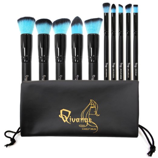 Qivange Makeup Brushes, Premium Synthetic Kabuki Makeup Brush Set Foundation Eyeshadow Blush Concealer Powder Brush Kit   Cosmetic Bag ( 10pcs, Black with Blue Hair)