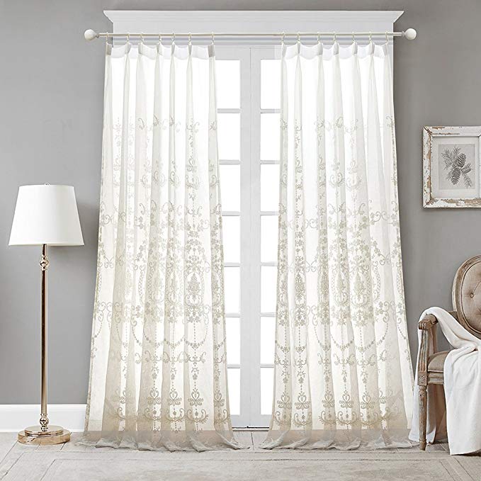 Dreaming Casa Semi Solid Voile Window Treatment Pleated Top Europen Embroidered Sheer Curtain 84" W x 96" L (2 Panels) / White