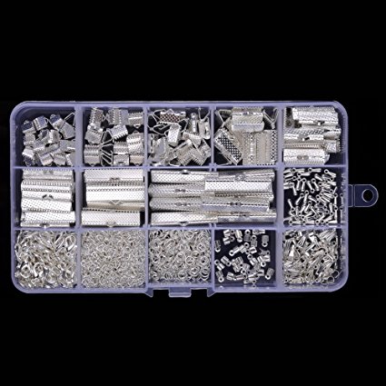 144 Pcs Ribbon Clamp 8mm 10mm 16mm 20mm 25mm 30mm 35mm and 72 Pcs Lobster clasps 12mm 230 Pcs jump rings 5mm 72pcs chain extension 100 Pcs Alloy Drop End for Jewelry findings (SILVER PLATED)