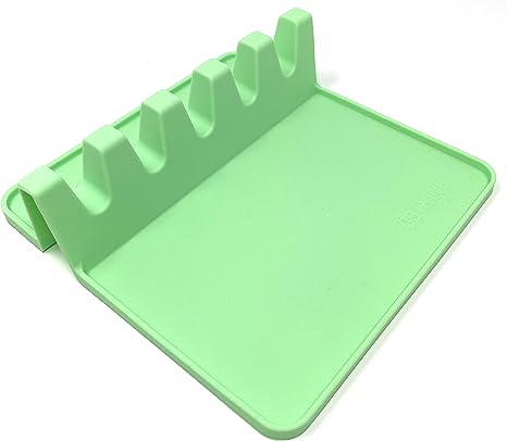 Silicone Spoon Rest Holder for Stove Top, Silicon Utensil Rests for Kitchen Countertop, Large Heat Resistant Spatula Spoon Rest for Cooking with 5 Slots with Drip Pad BBQ Utensil Holder (Spearmint)