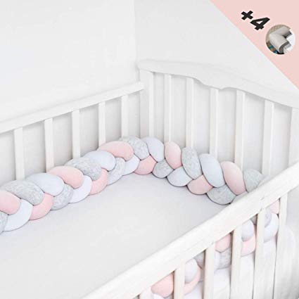 Braided Crib Bumper Soft Pad Flannel Crib Bumper Sleep Bumper Safe for Toddler/Newborn Included Edge & Corner Guards White Grey Pink 157in(4Meters)