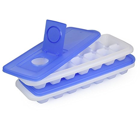 BloominGoods Ice Cube Trays with Lids | Stackable, No Spill Ice Cube Tray Removable Cover | White Ice Trey with Blue Cover - Set of 2