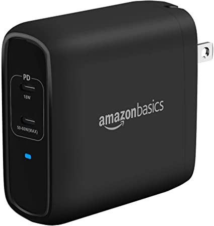 AmazonBasics 68W Two-Port GaN USB-C Wall Charger (50W   18W) for Laptops, Tablets and Phones with Power Delivery - Black