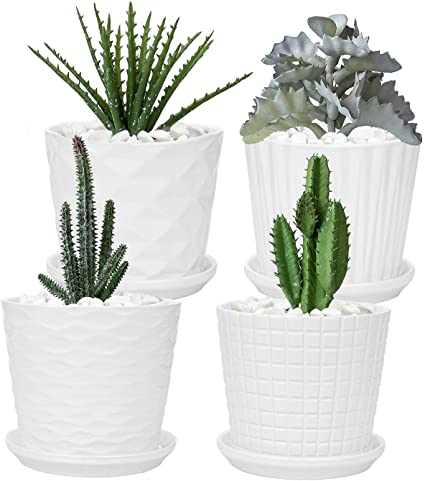 Fasmov Set of 4 Plant Pots 5.3 Inch Cylinder Ceramic Planters with Connected Saucer, Pots for Succuelnt and Little Plants