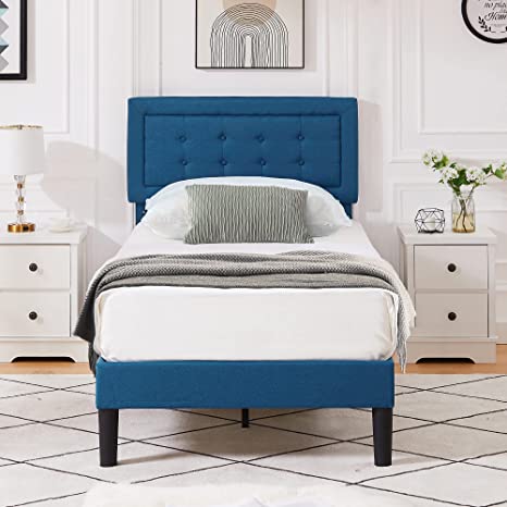 VECELO Platform Upholstered Bed Frame with Height Adjustable Headboard/Mattress Foundation with Strong Slat Support, Easy Assembly, Blue, Twin