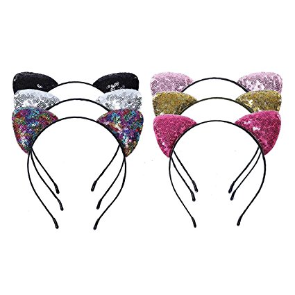 Glitter Cat Ears Headband for Girls - AWAYTR 6Pcs Shine Sequins Kitty Cats Crown Hair Hoop Hairband Hair Accessories