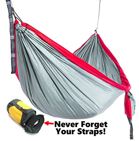 Camping Hammock – Parachute Nylon Deluxe Single With Ripstop - Includes 2-in-1 Compression Sack and Daisy Chain Straps ($30 Value) – Portable Bed for Beach, Travel, or Backyard Fun!