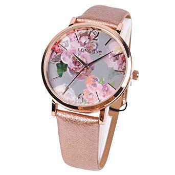 LONBUYS Women's Quartz Watch with Leather Strap,Waterproof Rose Gold Black Leather Band Wrist Watch Ladies Wristwatch for Dress Casual Business