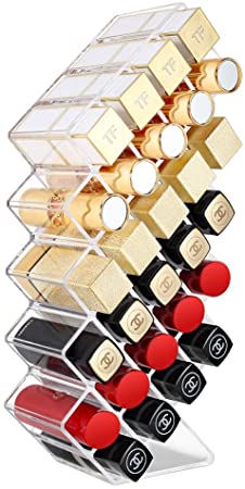 MoKo Lipstick Organizer, Acrylic Decorative Makeup Cosmetics Organizers and storage Display Case Box with 28 slots for Women Girls Bedroom Dressers Bathroom Beauty Supplies Vanity Desk-Top, Clear