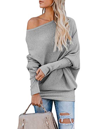 Pxmoda Womens Off The Shoulder Sweater Tops Oversized Batwing Sleeve Ribbed Knitted Jumper Pullover Top