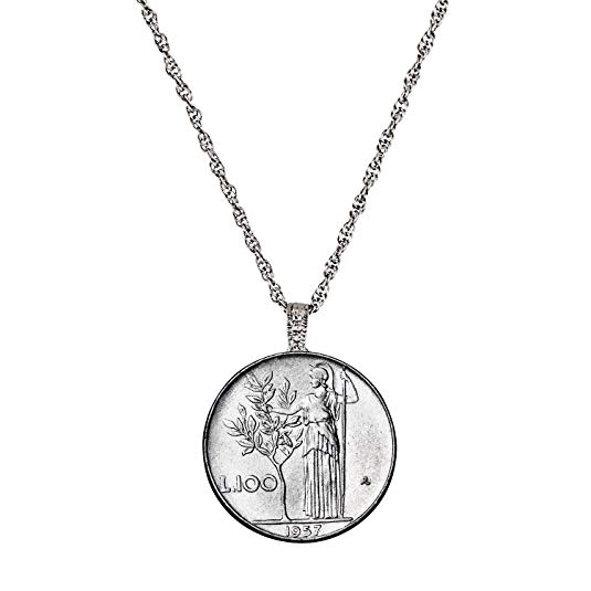 Italian Lire Coin Pendant Necklace - L.100 Jewelry Lira Coin from Italy for Collectors with Silvertone Chain and Lobster Claw Clasp - Full Shiny Steel Composition for Women | Elegant Gift Box Included