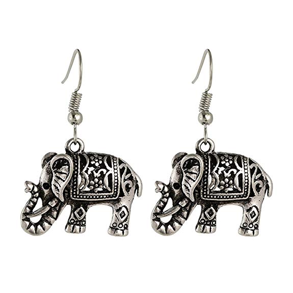 UHANGEHT Ancient Silver Boho Retro Animals Carve Elephants Drop Dangle Earrings