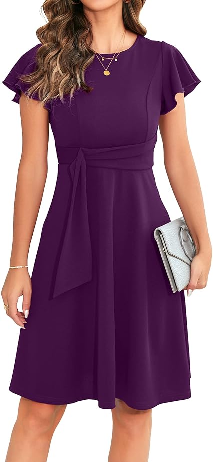 OWIN Womens 2023 Elegant Ruffle Sleeve Flared A Line Swing Casual Party Cocktail Dresses