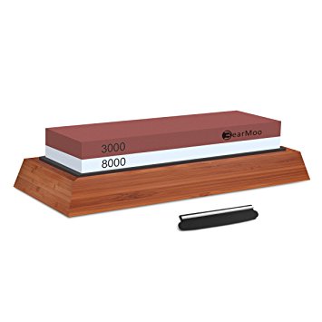 Sharpening Stone, BearMoo Waterstone Combination Grit 3000/8000 Whestone with Bamboo Base, Blade Guide l kitchen Knife Sharpener