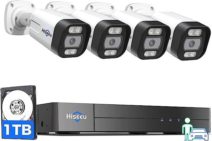 [Person Vehicle Detection] Hiseeu 4K PoE Security Camera System,8 Ports 16CH PoE NVR with 4Pcs 5MP IP Security Camera for Outdoor, Waterproof,Smart Detection/ Playback,1TB HDD,Home Surveillance Kits