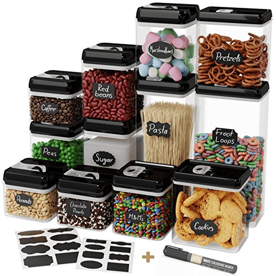 Chef's Path Airtight Food Storage Container Set - 12 PC Set - 16 FREE Chalkboard Labels & Marker - BEST VALUE Kitchen & Pantry Containers - BPA Free - Clear Durable Plastic with Black Lids