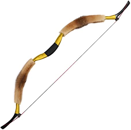 IRQ Traditional Recurve Bow Archery Mongolian Horsebow One Piece Longbow for Hunting Real Fur and Leather Covered 25-50lbs