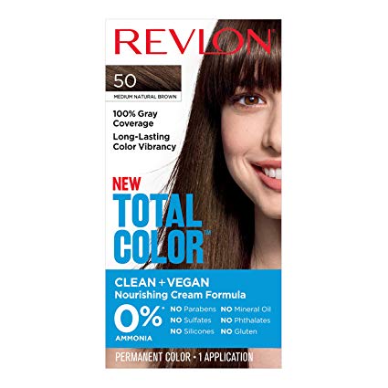 Revlon Total Color Hair Color, Vegan, 100% Gray Coverage Hair Dye, 50 Medium Natural Brown, 3.4 Ounce