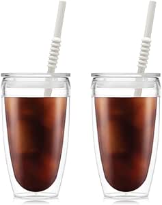 Bodum 13.5oz Pavina Insulated Travel Mug Tumblers with Lid and Straw, BPA Free Plastic, Pack of 2