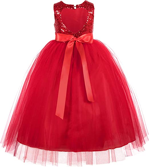 Heart Cutout Sequin Junior Flower Girl Dress Open Back Dress Christening Dresses
