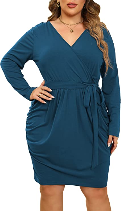 Nemidor Womens Plus Size Wrap Dress Long Sleeve Fitted Ruched Cocktail Party Short Dress NEM319