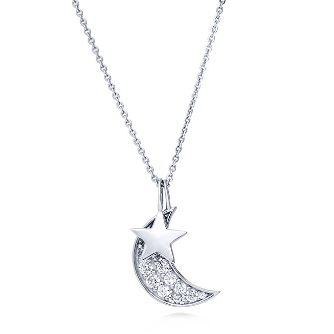 BERRICLE Rhodium Plated Sterling Silver Cubic Zirconia CZ Star Crescent Moon Pendant Necklace 18"