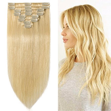 13 inch 80g Clip in Remy Human Hair Extensions Full Head 8 Pieces Set Short length Straight Very Soft Style Real Silky for Beauty #613 Bleach Blonde