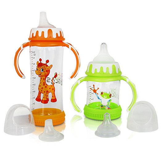 Glass Baby Bottle Set With Sippy Cup Spout - 4 oz (green) and 10 oz (orange) - BPA Free - Best Feeding For Preemie, Newborns, Infants, and Toddlers, Amazon Registry By GoGlass