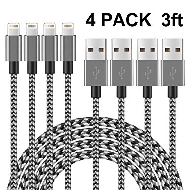 Lightning Cable 3ft, IVVO 4Pack 3FT Nylon Braided 8 Pin Lightning Cable Cord USB Charging Cable charger for Apple iPhone 7/7 Plus/6/6s/6 Plus/6s Plus/5/5c/5s/SE,iPad iPod Nano iPod Touch(Black)
