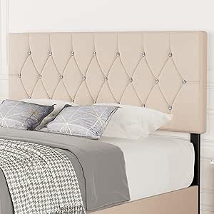 VECELO Velvet Upholstered Headboard King Size with Diamond Tufted Bed Headboard, with 6 Adjustable Positions from 39.8" to 49.8", Easy Assembly,Beige