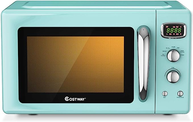 COSTWAY Retro Countertop Microwave Oven, 0.9Cu.ft, 900W Microwave Oven, with 5 Micro Power, Defrost & Auto Cooking Function, LED Display, Glass Turntable and Viewing Window, Child Lock