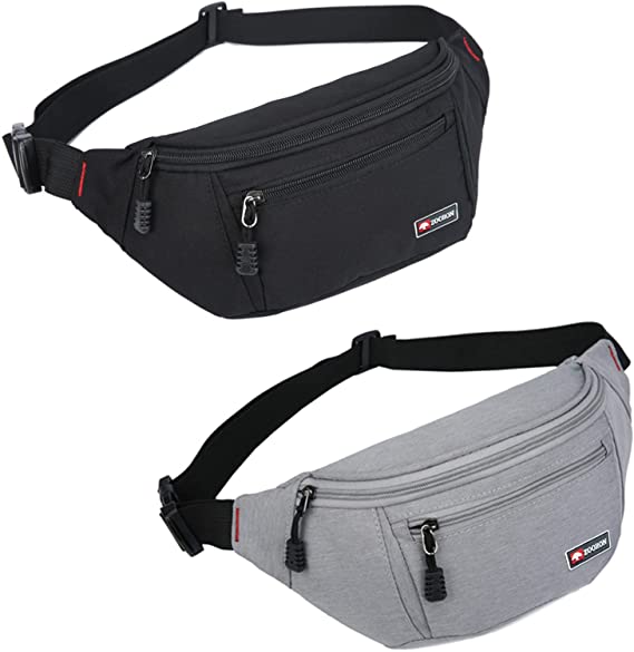 2 Packs Fanny Packs for Men and Women, Waterproof Sports Waist Pack Bag Hip Bum Bag for Travel Hiking Running (Black   Gray)