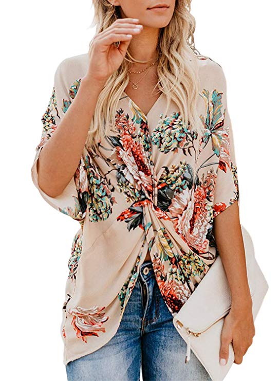 FARYSAYS Women's Floral Print Short Sleeve V Neck Ruched Twist Tops Loose Casual Blouse Shirts