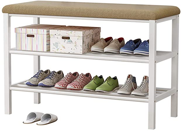 Shoe Bench, 3-Tier Shoe Rack for Entryway, Storage Organizer with Foam Padded Seat, Linen, Metal Frame, for Living Room, Hallway, 31.5 x 11.8 x 19.7 Inches