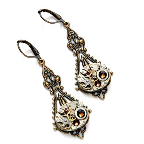 November Steampunk Earrings, Steampunk Jewelry in Smoked Topaz and Antiqued Brass with Vintage Watch Movements and Victorian Style, Steam Punk Jewelry, Handmade in the USA