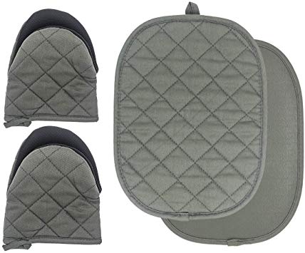 TOPSKY Oven Mitts and Pot Holders Kitchen Aid Heat Resistant Silicone No Slip Pad 12 x 9 and Gloves 7 x 6, ArmyGreen(2pcs Oven Mitts  2pcs potholder)